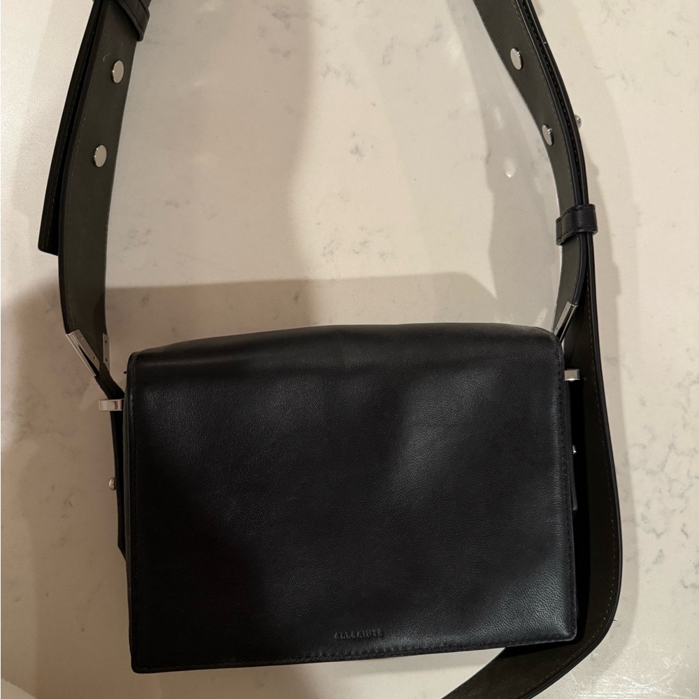 All Saints Black Crossbody Bag with Adjustable Strap and Minimalist Design